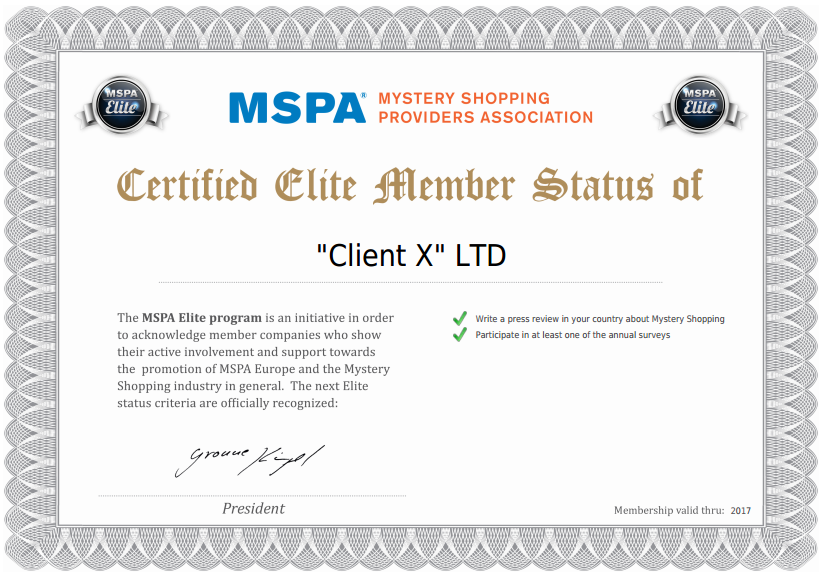 Client X has been certified an Elite Member of MSPA Europe (certificate)